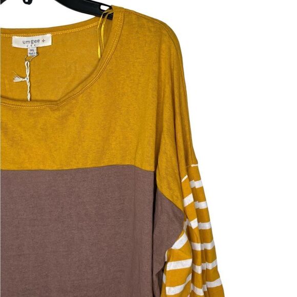 Umgee Yellow/Brown/Gray Long Puff Sleeve Color-block Striped Top 1XL - Picture 6 of 11